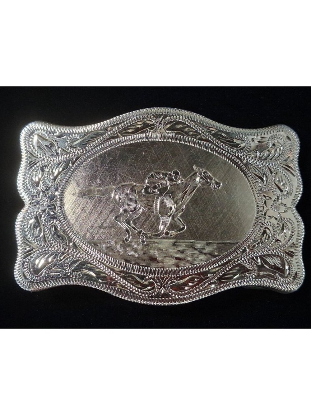 Racing Horse Jockey Belt Buckle Gold Plated Lazy K Cowboy Derby Etched Vintag